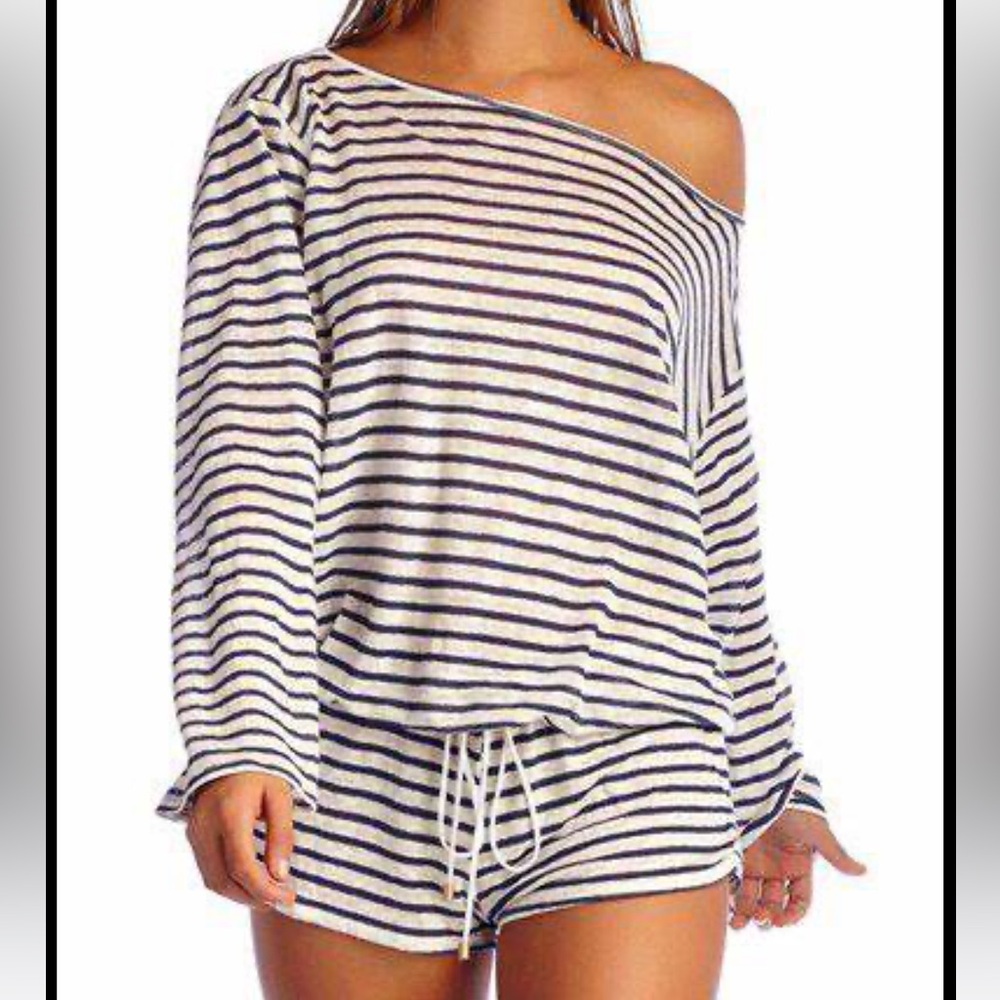 Vitamin A 'Solana' Swim Cover-Up Romper ~ in Navy and Cream Strip